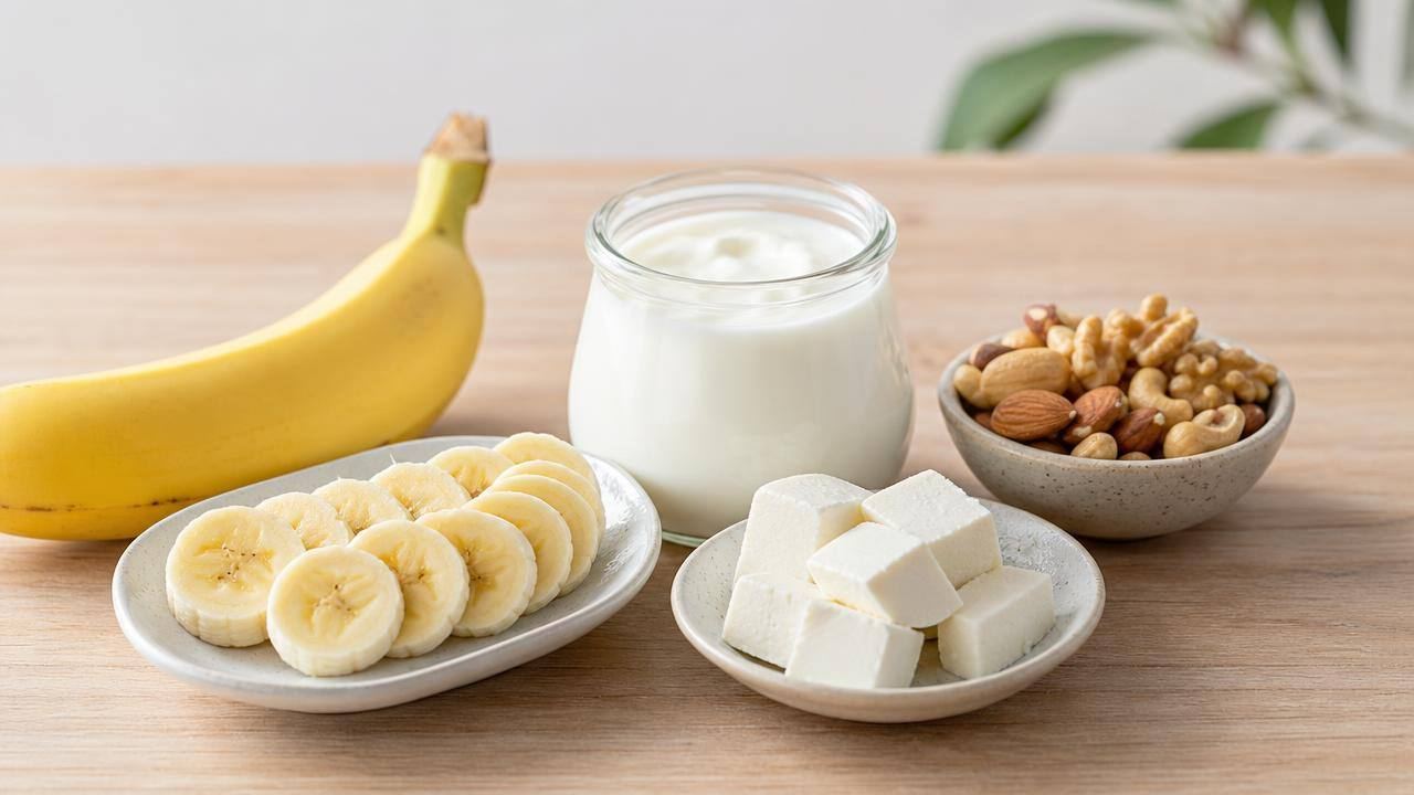 Banana, iogurte natural, nozes e queijo minas frescal organizados sobre uma mesa clara