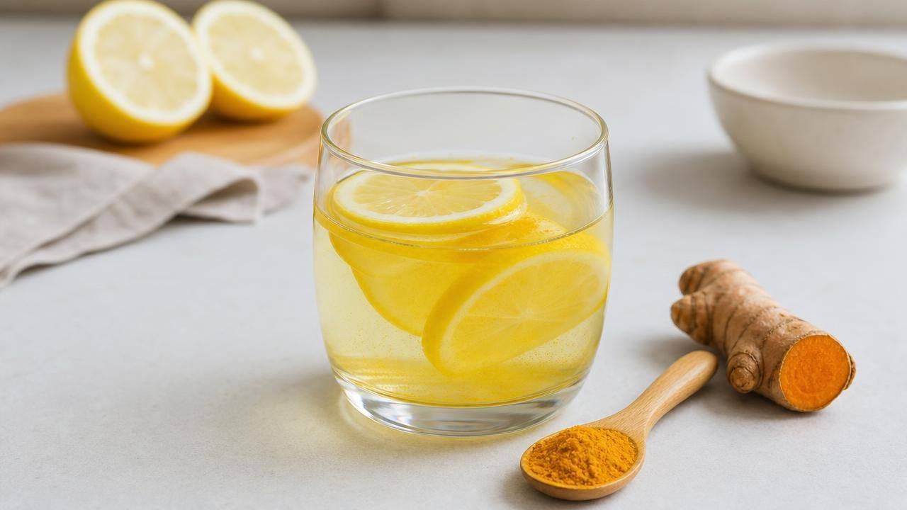 Copo de água morna com limão, cúrcuma em pó e uma raiz de cúrcuma sobre bancada clara