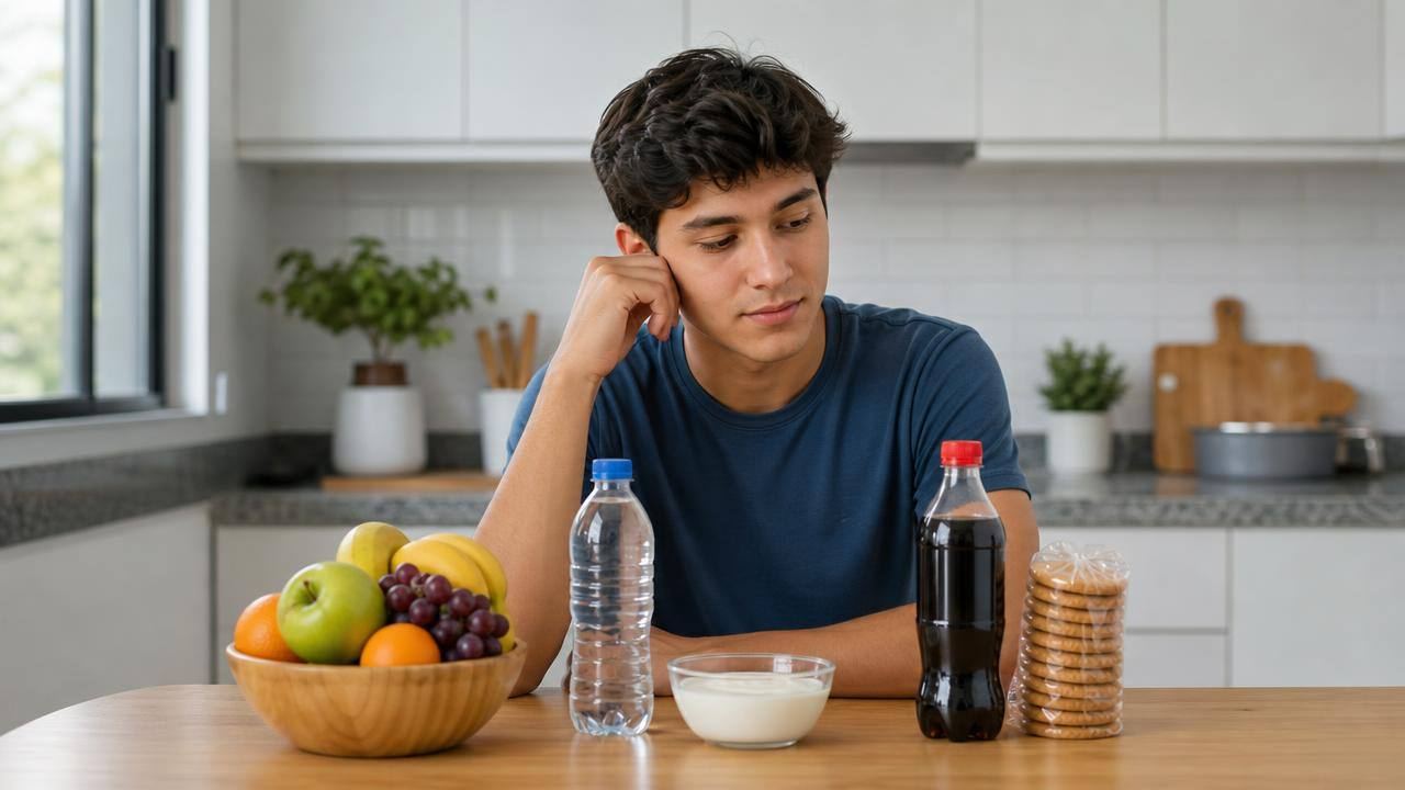 Jovem escolhendo frutas e água ao lado de produtos açucarados em uma mesa organizada