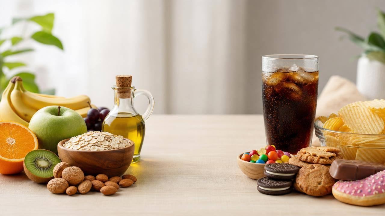 Prato equilibrado com alimentos in natura, azeite, frutas e embalagem de ultraprocessado ao fundo