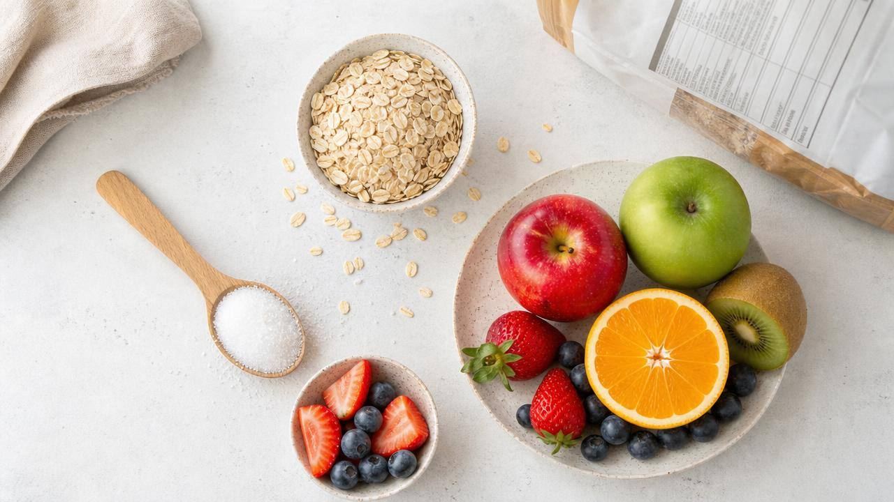Colher com açúcar ao lado de frutas, aveia e rótulo nutricional em composição limpa
