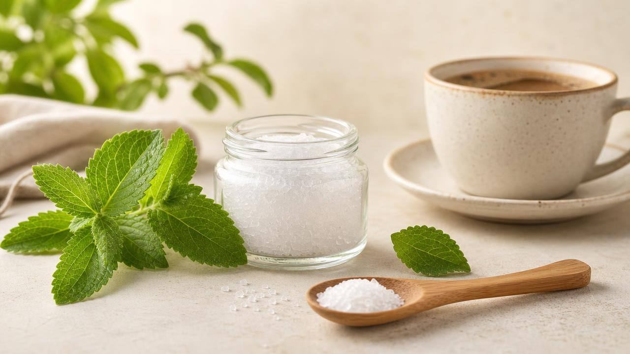 Pote de adoçante natural, folhas de estévia e uma xícara de café sobre bancada clara
