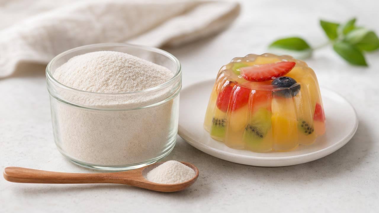 Pote de ágar-ágar em pó ao lado de uma sobremesa de gelatina vegetal com frutas