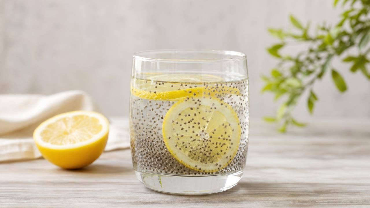 Copo de água com limão e sementes de chia hidratadas sobre mesa clara, em composição limpa e profissional