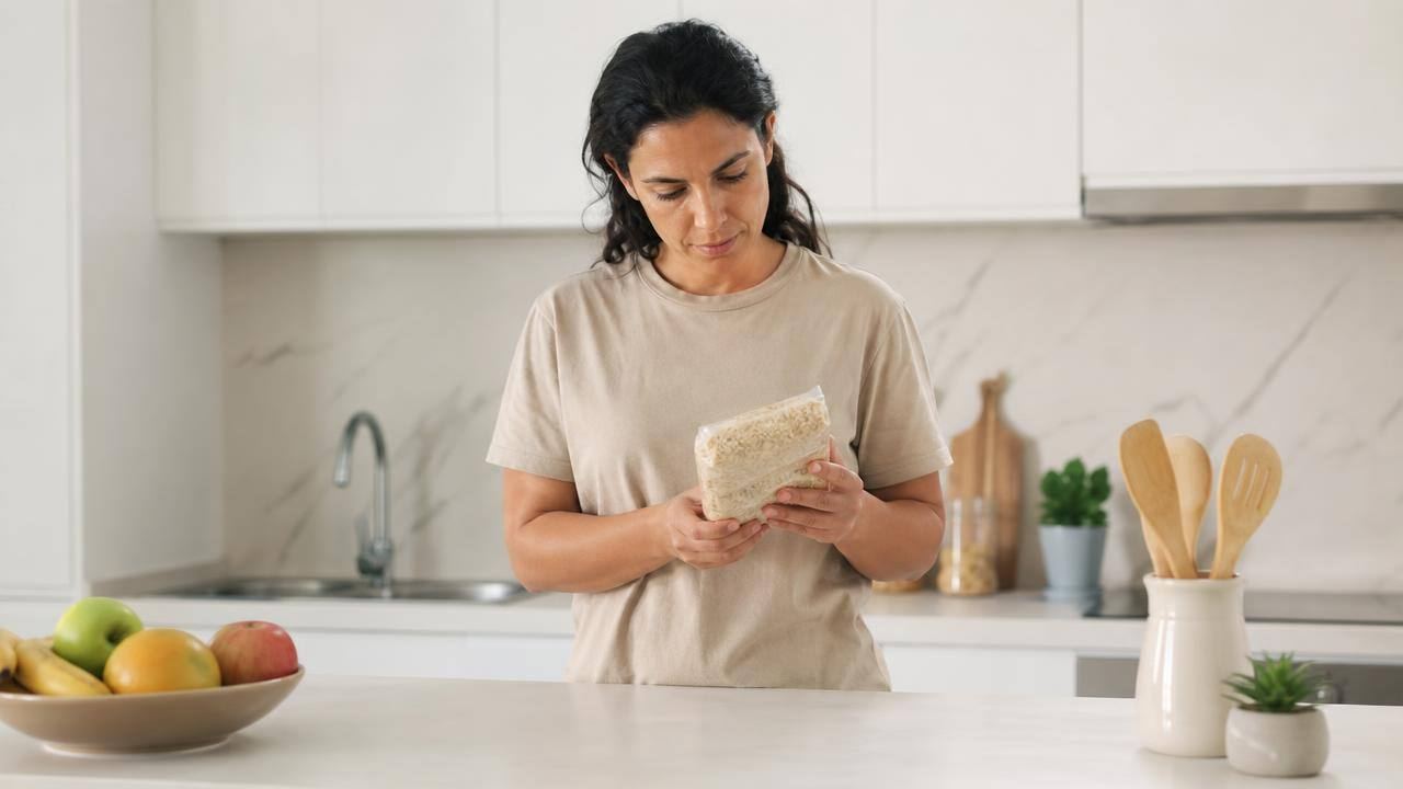 Pessoa lendo o rótulo de um alimento embalado em uma cozinha clara, representando os cuidados com alergia alimentar