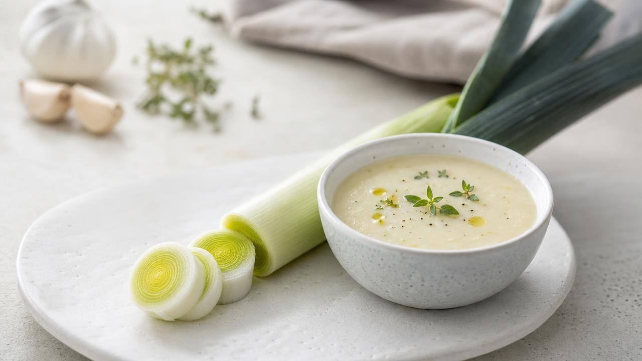 Alho-poró fresco cortado ao lado de uma sopa leve de legumes em mesa clara