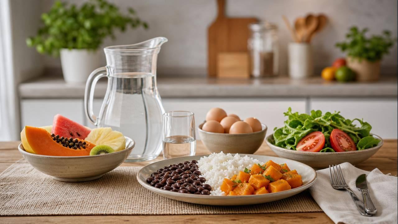Mesa com arroz, feijão, verduras, frutas e outros alimentos naturais para representar alimentação saudável