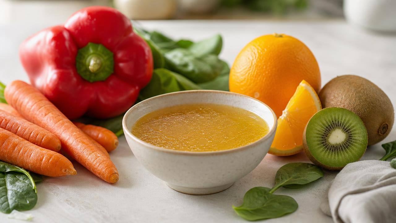 Ingredientes naturais e caldo caseiro em composição editorial sobre alimentação e ácido hialurônico