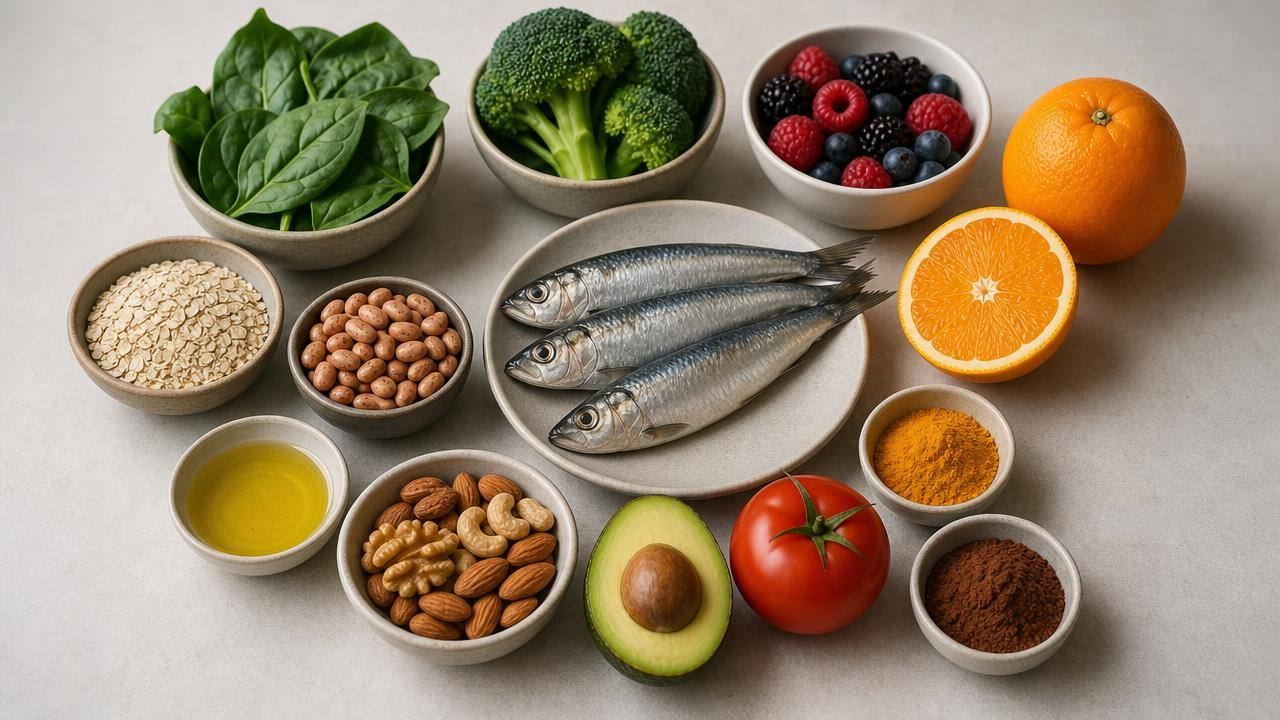 Mesa clara com sardinha, azeite, frutas vermelhas, brócolis, tomate, feijão, aveia, abacate e cúrcuma organizados de forma editorial.