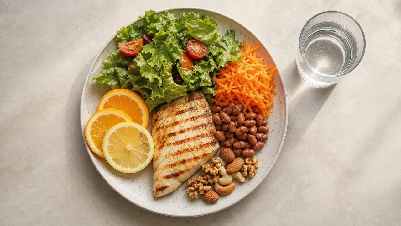 Prato equilibrado com frutas, verduras, feijão, peixe e castanhas sobre mesa clara