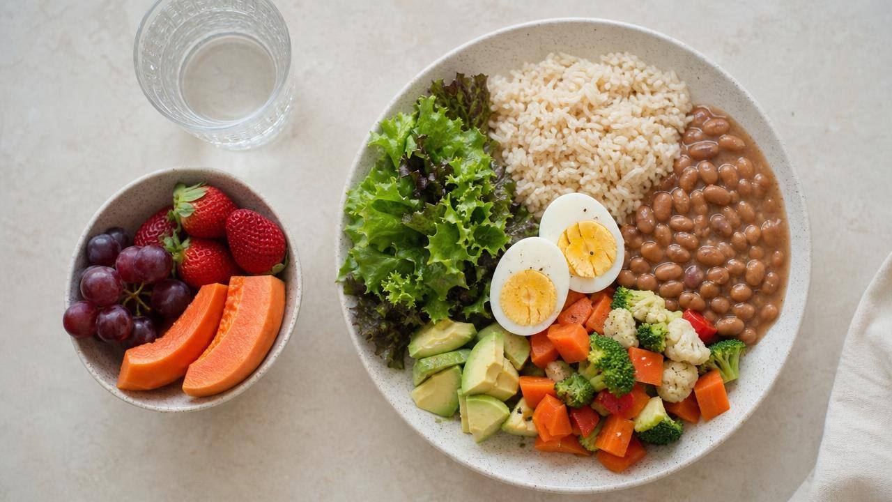 Prato equilibrado com salada, feijão, arroz integral, ovos e frutas frescas em mesa clara