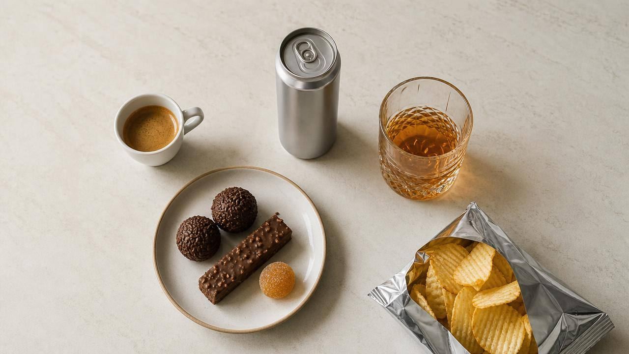 Xícara de café, energético, doce, bebida alcoólica e salgadinho organizados sobre uma mesa clara, representando alimentos que podem piorar a ansiedade