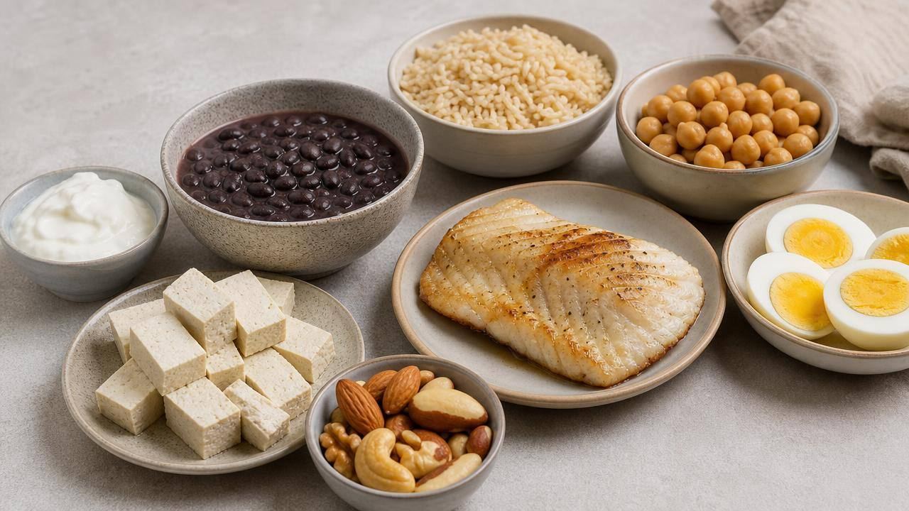 Prato equilibrado com feijão, arroz, ovos, peixe, grão-de-bico e castanhas como fontes de proteína