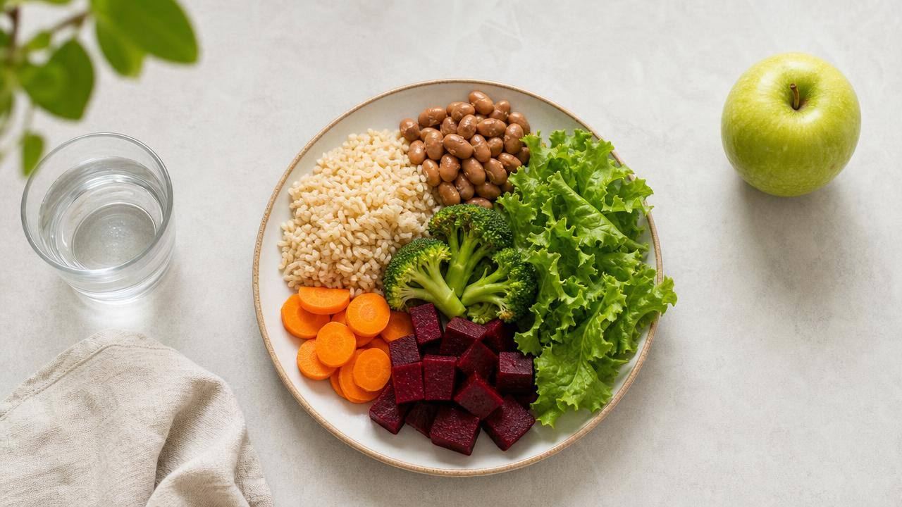 Prato equilibrado com vegetais, feijão, arroz integral, frutas e água para alimentação saudável