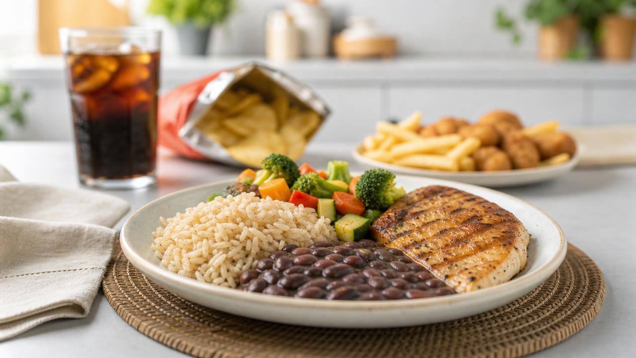 Prato equilibrado com legumes, arroz integral, feijão e peixe, ao lado de bebidas açucaradas e alimentos ultraprocessados ao fundo