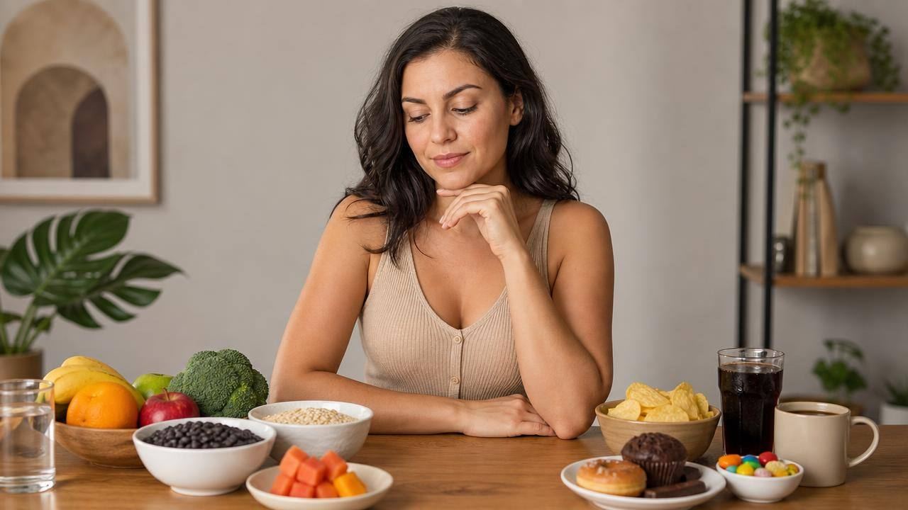 Mulher em mesa com alimentos naturais, café, refrigerante e salgadinhos, representando escolhas alimentares durante a TPM
