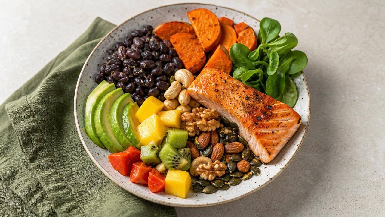 Prato equilibrado com frutas, verduras, legumes, peixe, castanhas e sementes, representando alimentos para beleza.