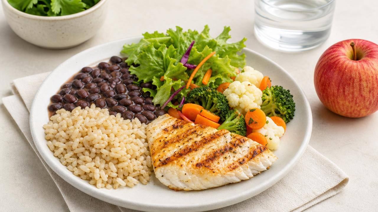 Prato equilibrado com feijão, arroz integral, peixe grelhado, salada e frutas frescas