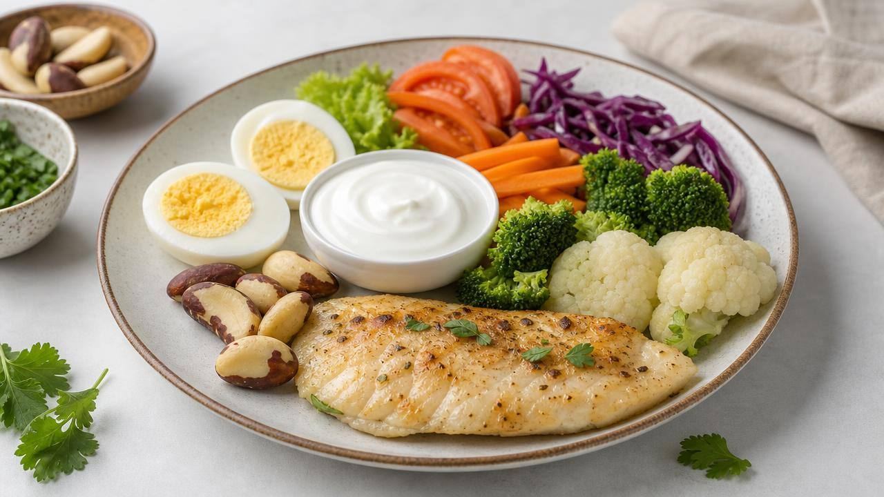 Prato equilibrado com peixe, ovos, laticínios, castanha-do-pará e vegetais, representando nutrientes importantes para a tireoide