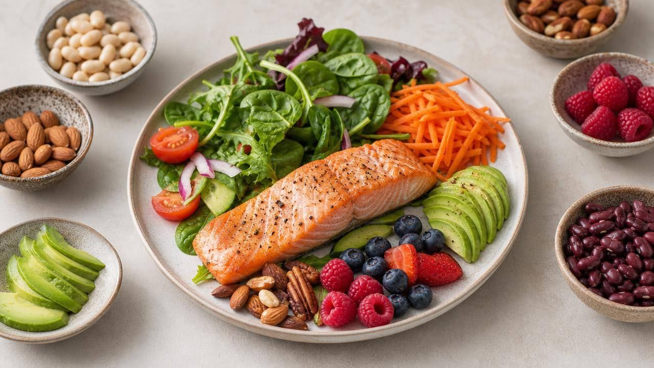 Prato equilibrado com frutas, verduras, grãos, peixe e castanhas para representar alimentação e saúde da pele