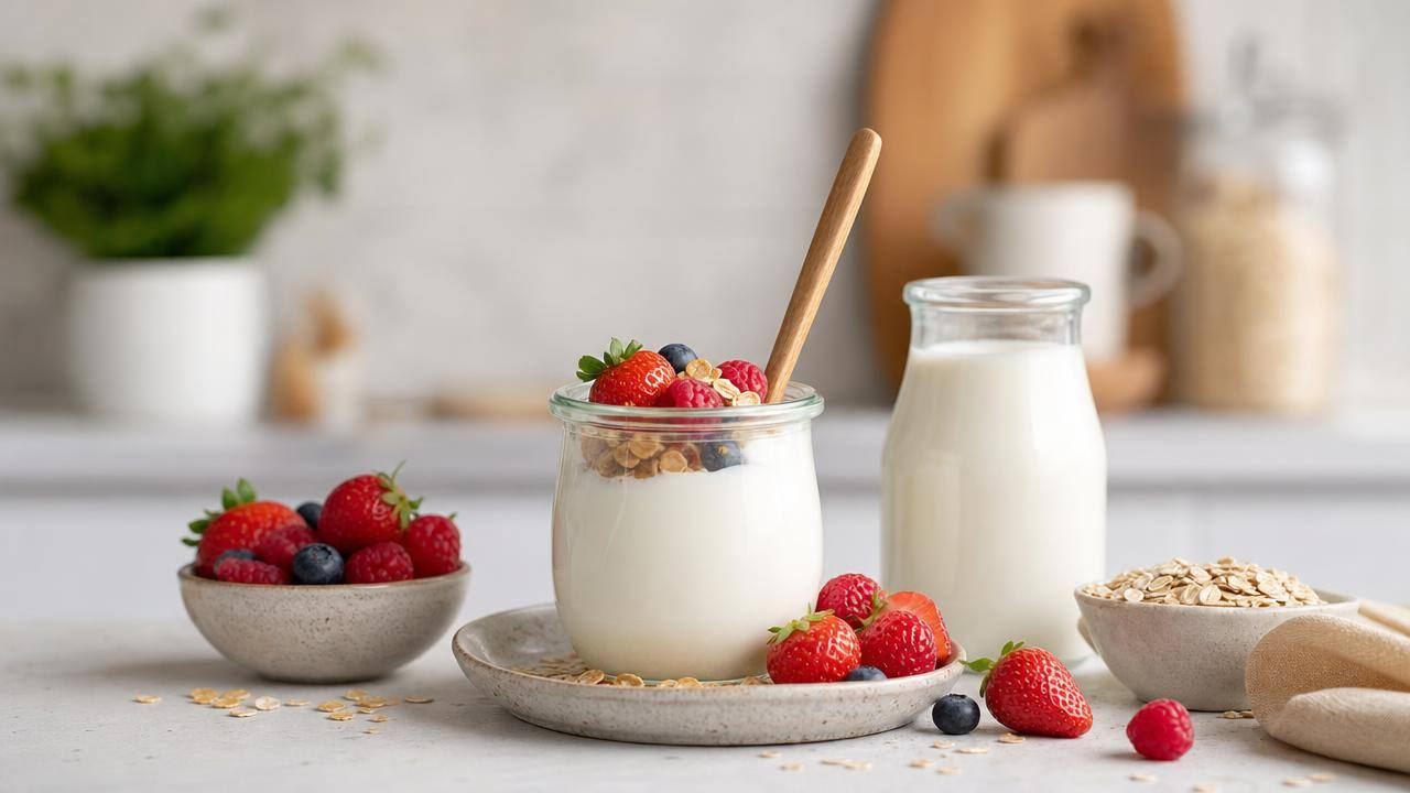 Pote de iogurte natural com frutas frescas e aveia sobre uma mesa clara, representando alimentos probióticos em uma alimentação equilibrada
