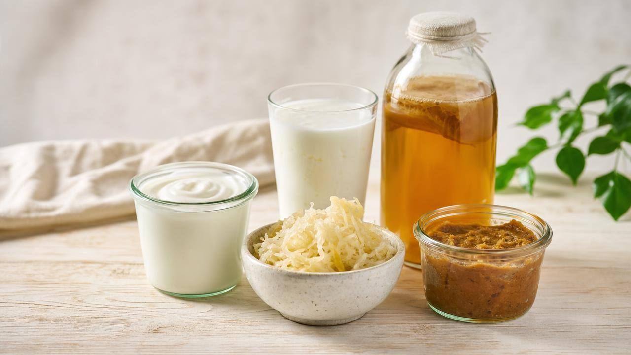 Iogurte natural, kefir, vegetais fermentados e kombucha dispostos sobre uma mesa clara