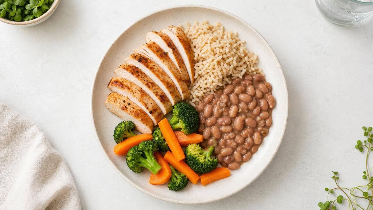 Prato equilibrado com frango grelhado, feijão, vegetais e arroz, representando fontes de proteína para emagrecimento