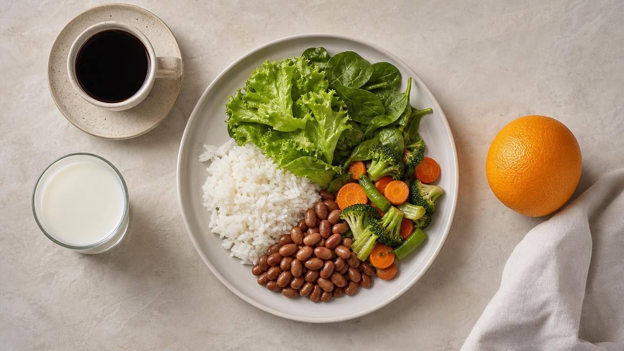 Prato equilibrado com arroz, feijão, legumes, fruta cítrica, café e leite separados em composição editorial