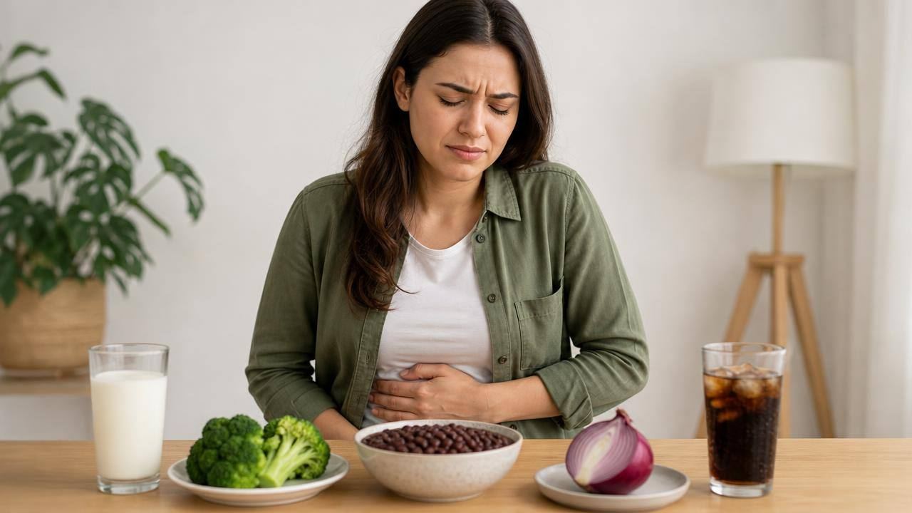 Pessoa sentada à mesa após uma refeição leve, com ilustração discreta de desconforto abdominal e alimentos como feijão, brócolis e leite ao redor