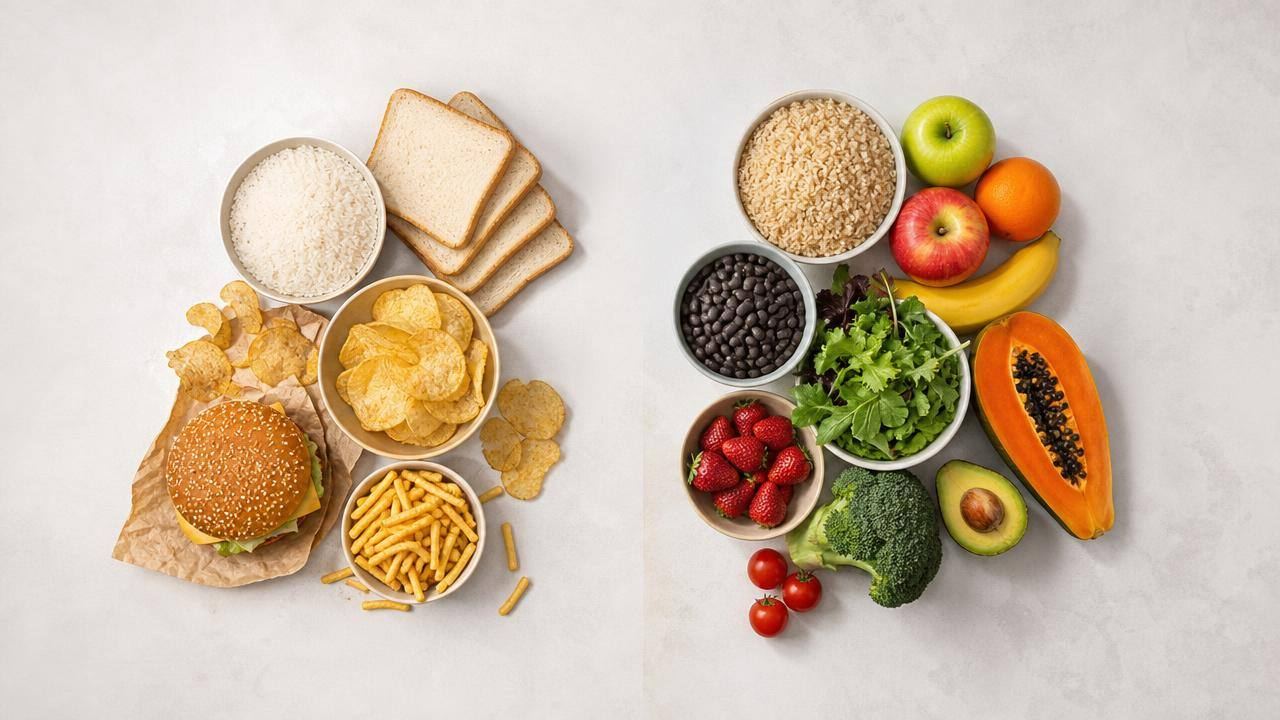 Prato equilibrado com arroz integral, feijão, verduras e frutas ao lado de alimentos ultraprocessados