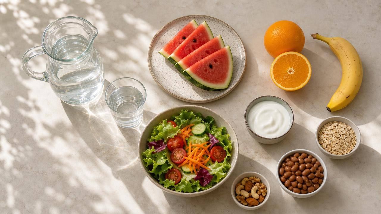Mesa clara com frutas, salada, água e castanhas como opções de alimentação leve para o verão