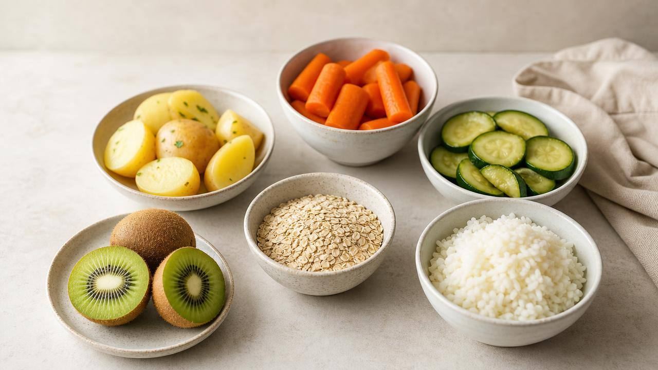 Prato com kiwi, aveia, arroz, batata, cenoura e abobrinha em composição limpa sobre mesa clara