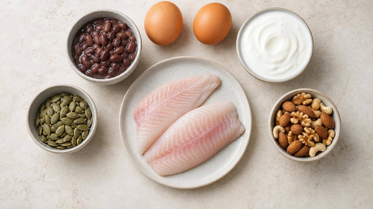 Alimentos fonte de zinco organizados em uma mesa, com feijão, sementes de abóbora, ovos, peixe e castanhas
