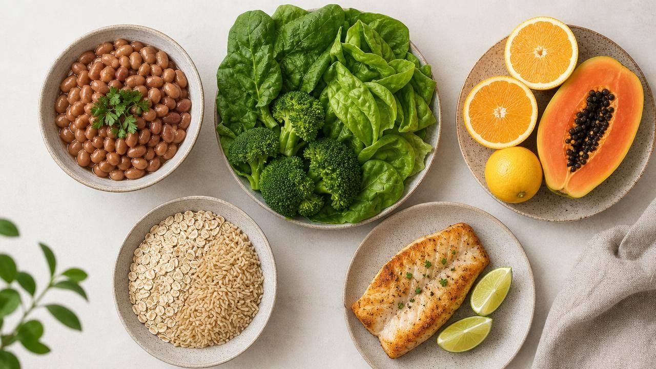 Alimentos naturais como feijão, verduras, frutas, aveia e peixe organizados sobre uma mesa clara