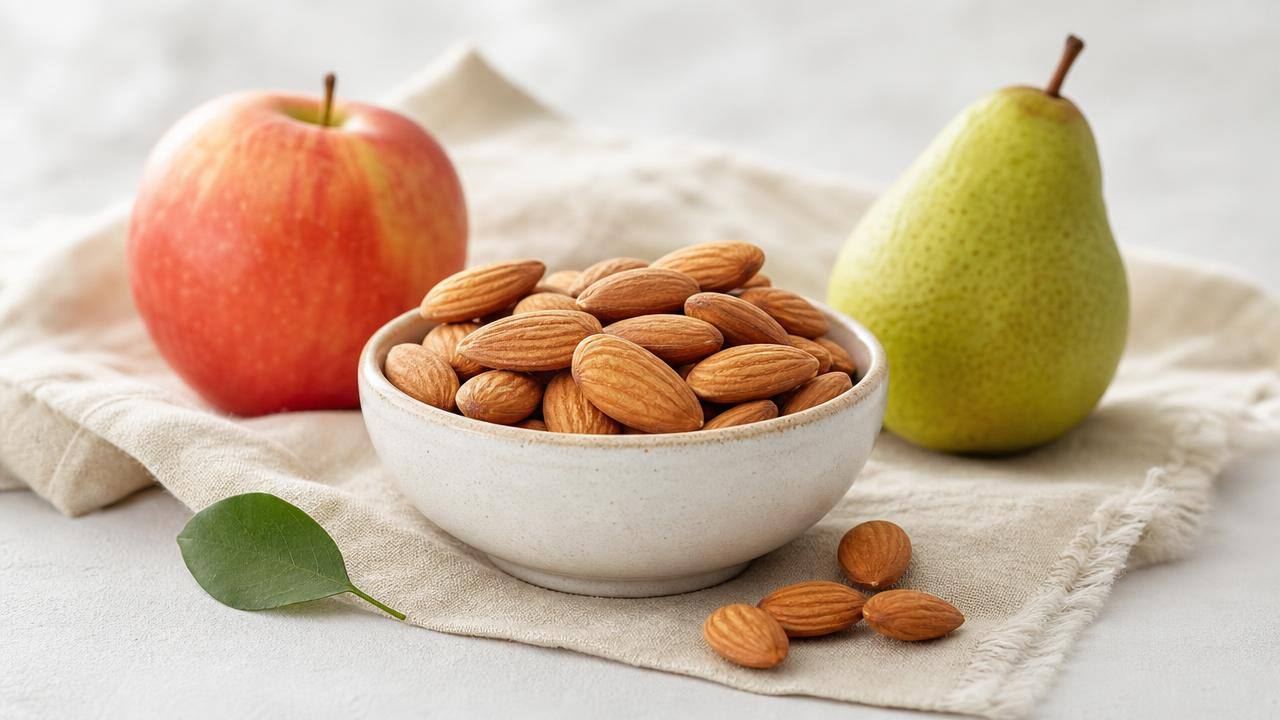Porção de amêndoas naturais em uma pequena tigela ao lado de frutas frescas, em composição limpa e equilibrada