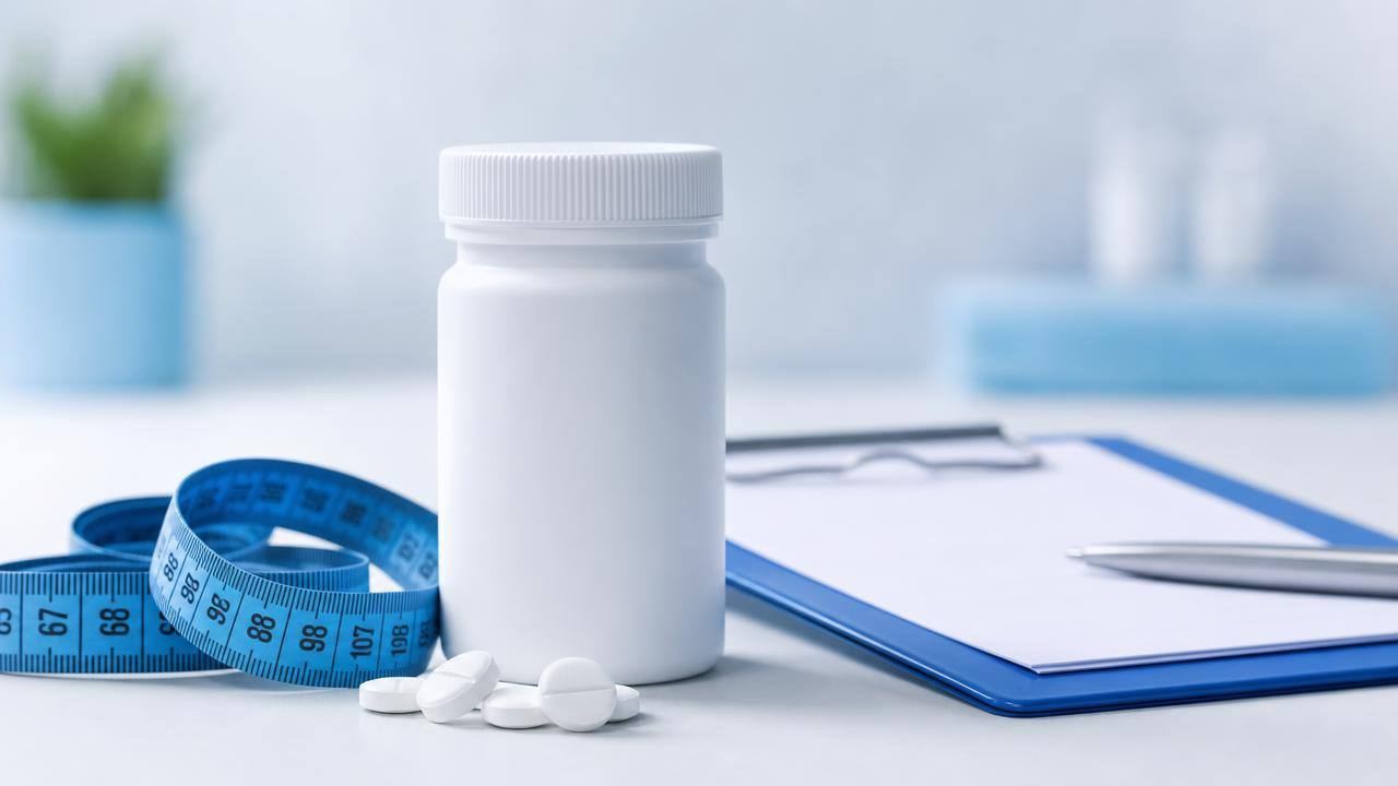 Frasco de medicamento e fita métrica sobre uma mesa clara, representando cuidados com remédios para emagrecer