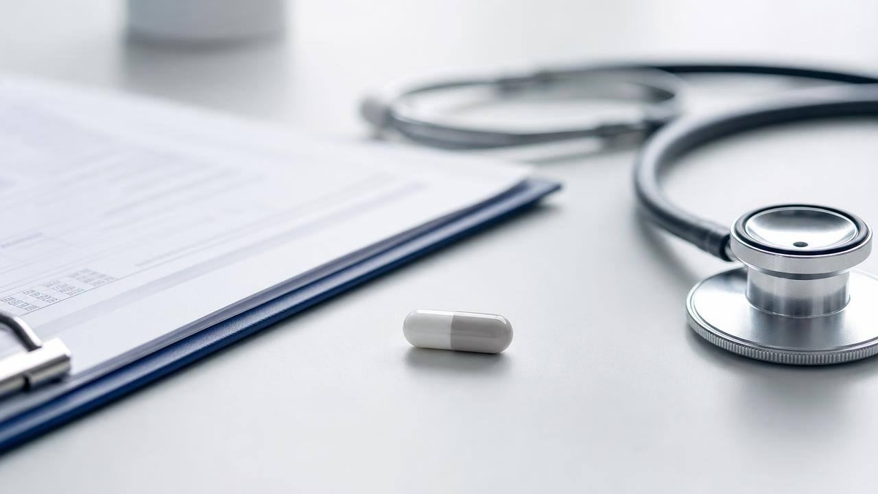 Cápsula e prontuário médico sobre uma mesa limpa, representando o uso responsável de medicamentos estimulantes.