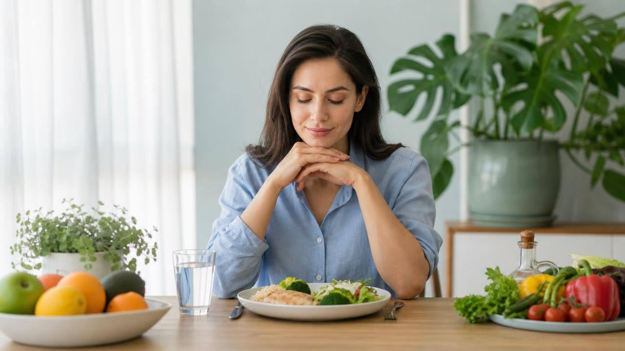 Pessoa sentada à mesa com refeição equilibrada, em ambiente claro e tranquilo, representando a relação entre ansiedade e alimentação