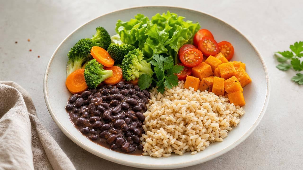 Prato equilibrado com arroz integral, feijão, legumes e folhas em composição limpa