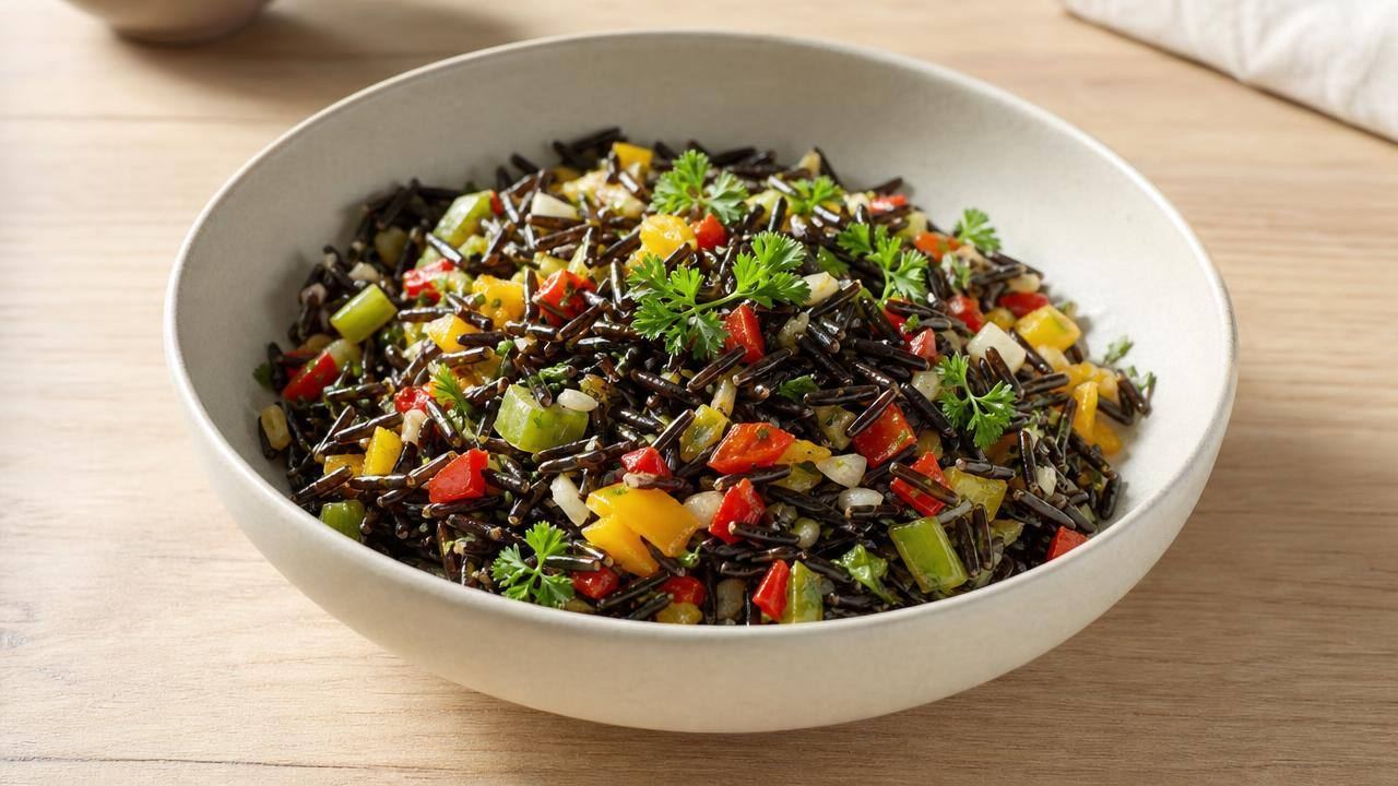 Tigela de arroz selvagem cozido com legumes e ervas frescas em mesa clara