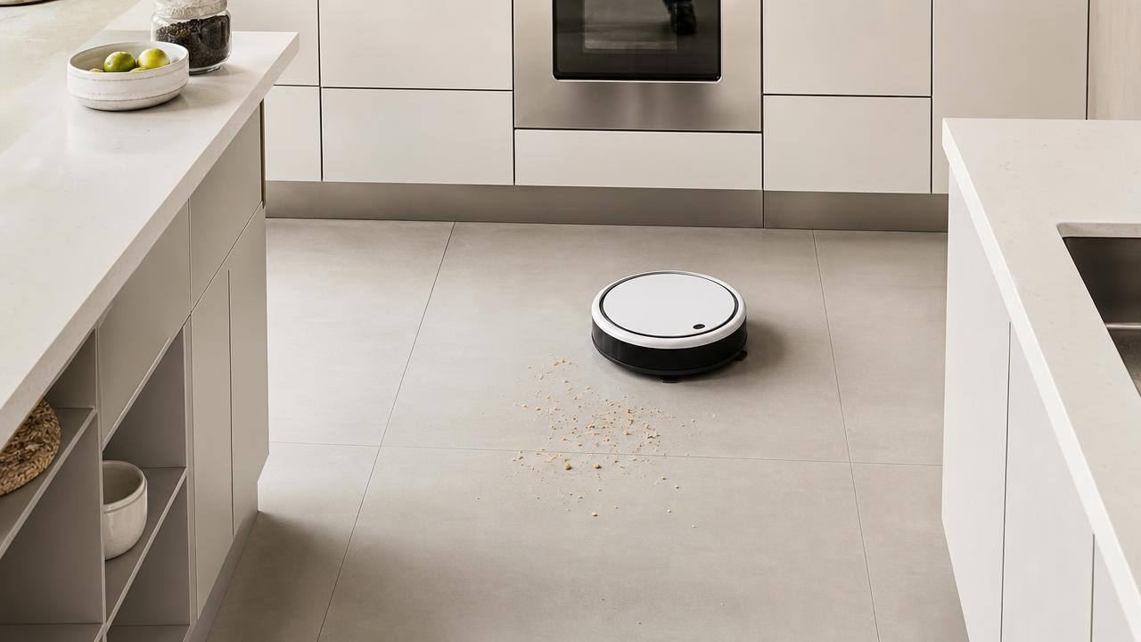 Aspirador robô próximo a pequenas migalhas secas no piso de uma cozinha limpa e moderna