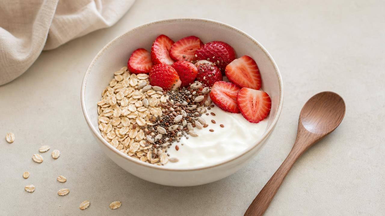 Tigela de aveia em flocos com frutas frescas e sementes, em mesa clara, representando alimentação equilibrada para controle da glicemia.