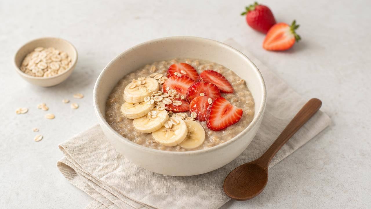 Tigela de aveia em flocos com frutas frescas e colher, em mesa clara, representando alimentação para saúde do coração