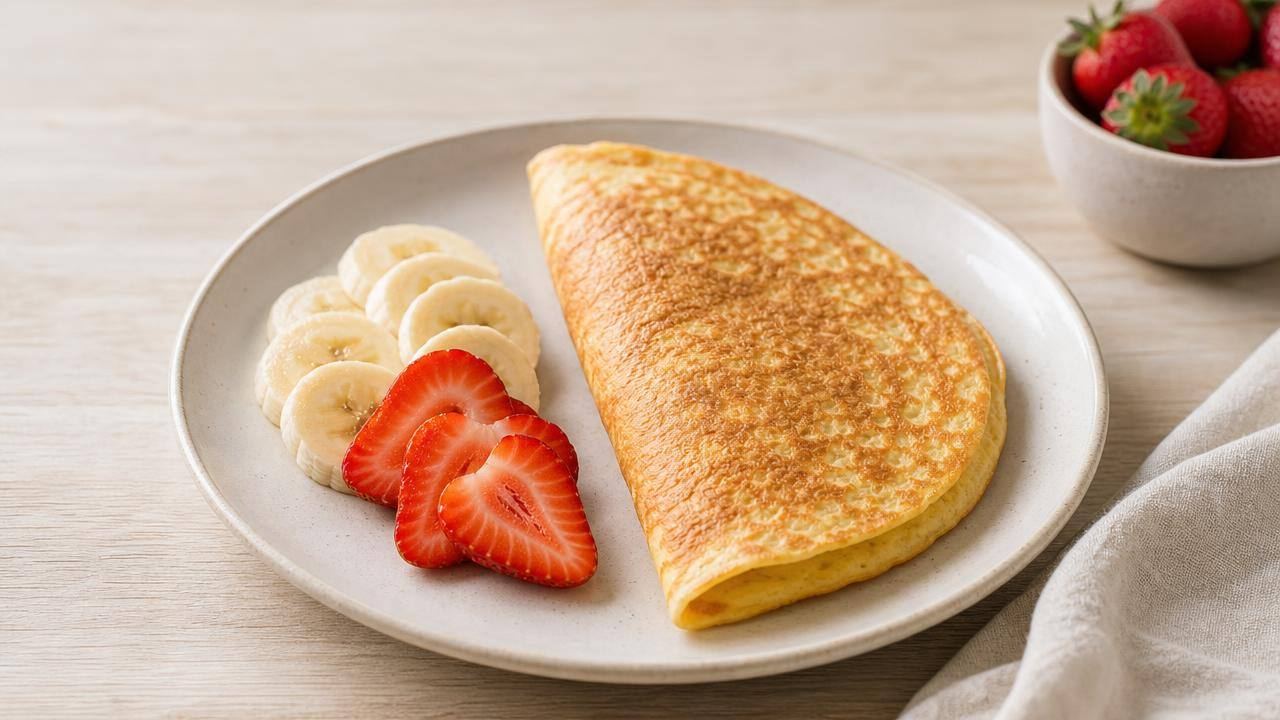 Aveioca dourada em prato claro, acompanhada de frutas frescas em uma mesa de café da manhã.
