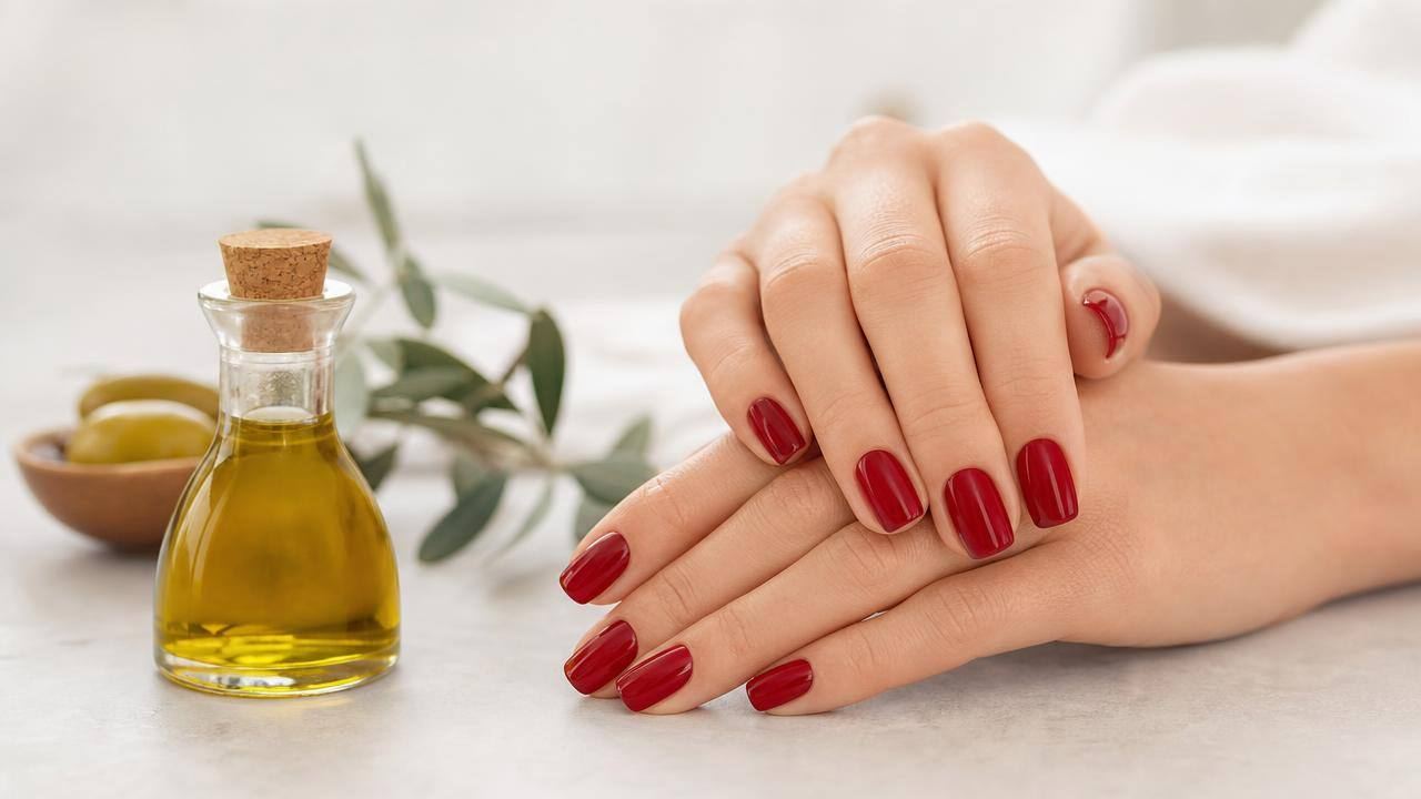 Mãos com unhas recém-esmaltadas ao lado de um pequeno frasco de azeite de oliva em fundo claro