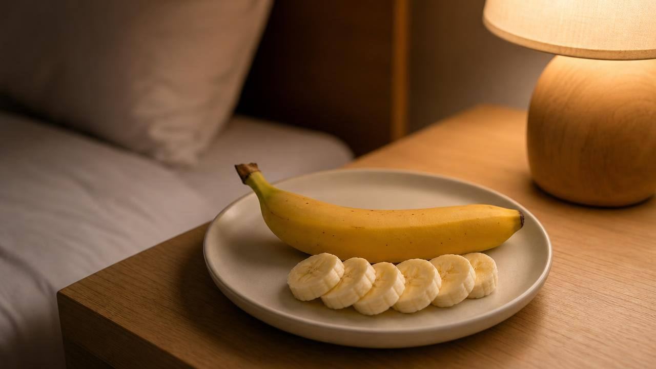 Banana madura em um prato claro sobre mesa de cabeceira minimalista, com iluminação suave noturna