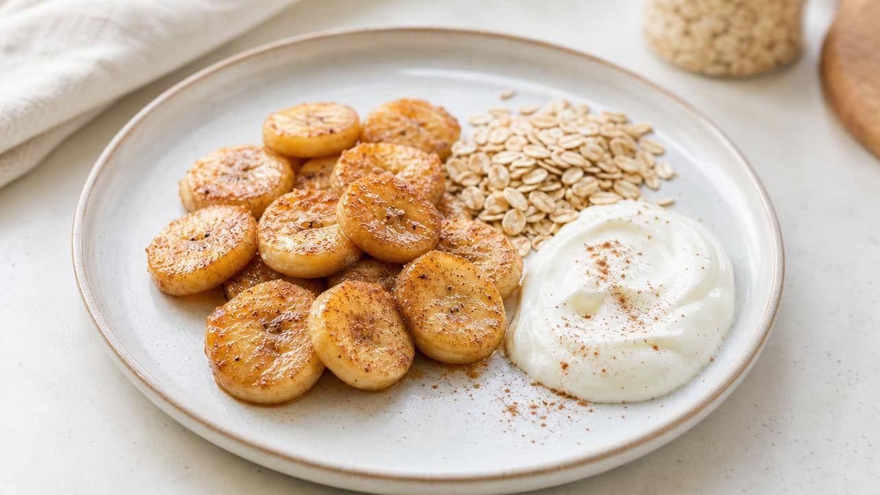 Banana dourada em rodelas com canela em prato claro, acompanhada de aveia e iogurte natural