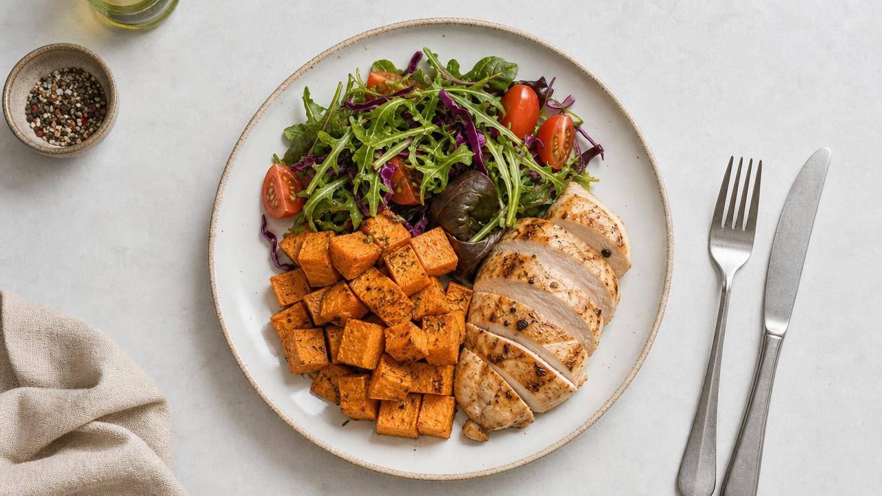 Prato equilibrado com batata-doce assada, salada e fonte de proteína em composição limpa