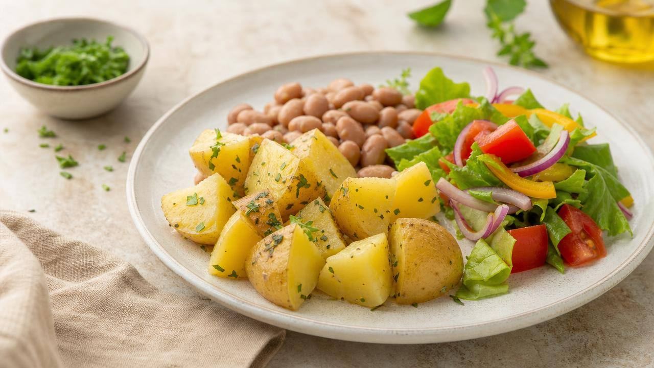 Batatas cozidas com ervas em prato claro, acompanhadas de salada e feijão, em composição limpa e editorial