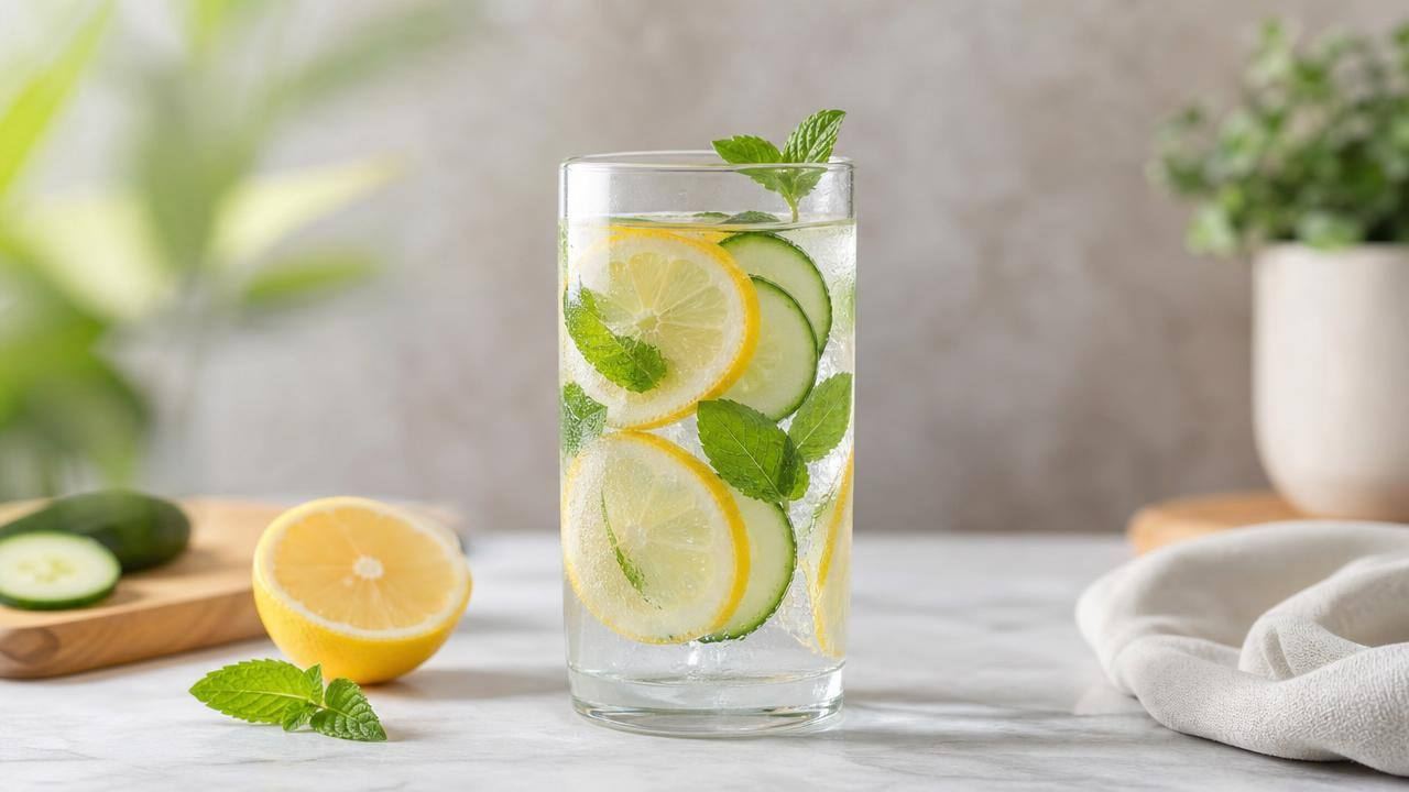 Copo de água aromatizada com rodelas de limão, pepino e folhas de hortelã sobre mesa clara